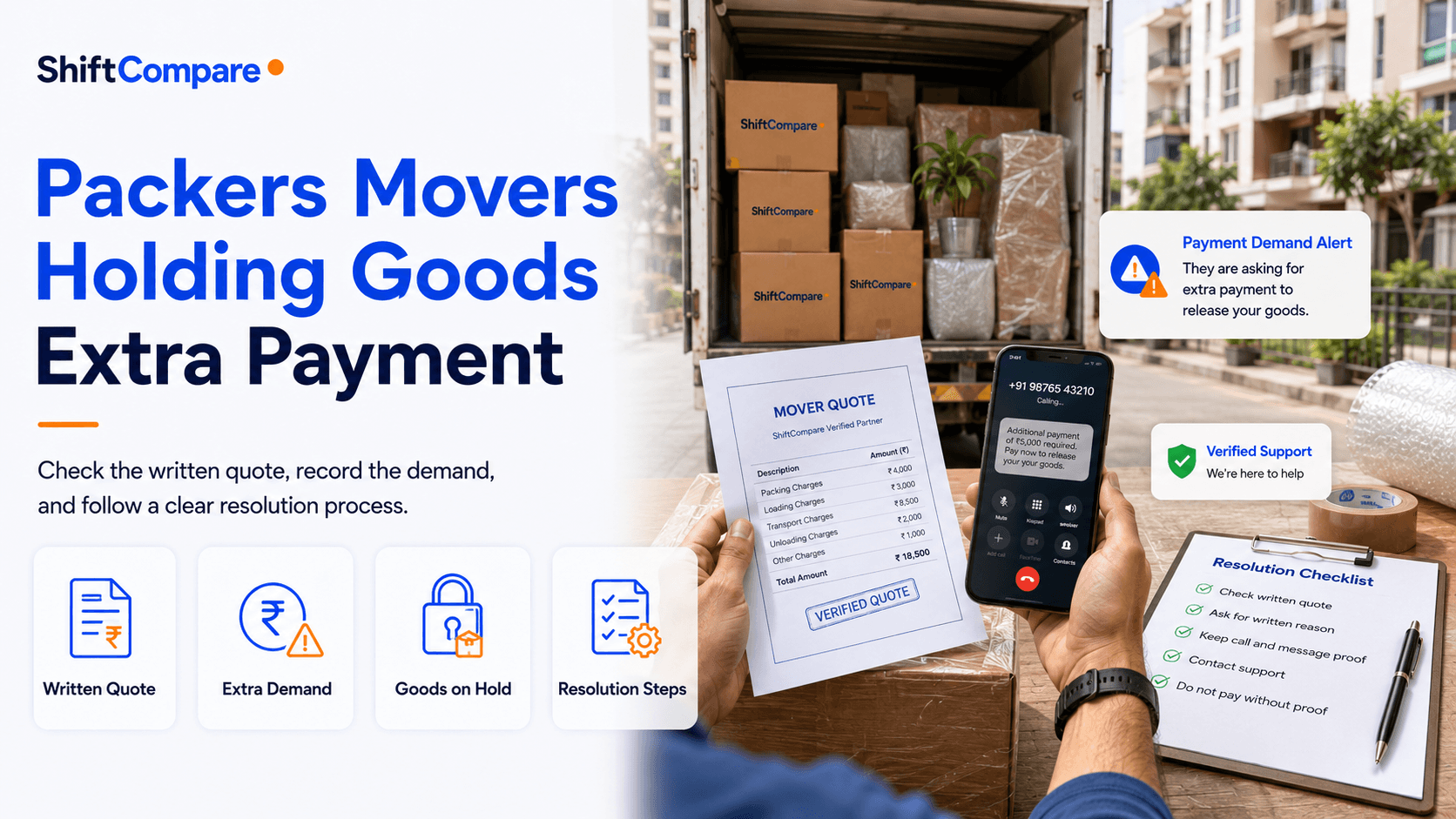 Packers movers holding goods for extra payment guide with written quote and escalation proof